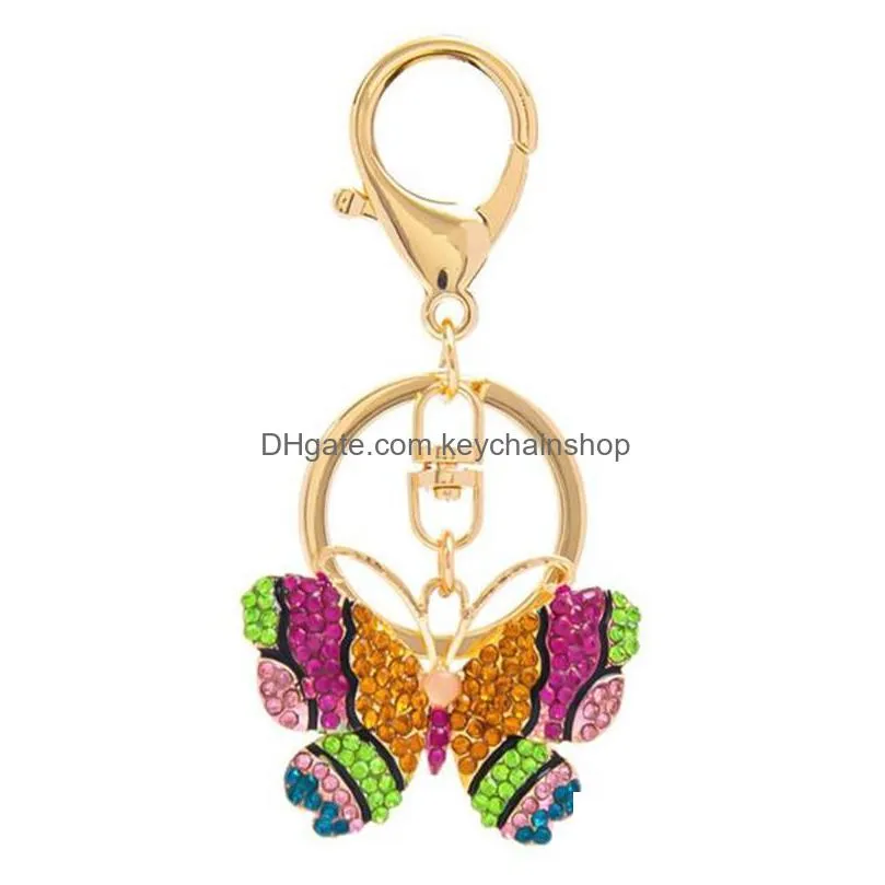 crystal colorful butterfly keychain rhinestone purse car key chain bag holder decorative alloy keyrings trendy vintage keyring