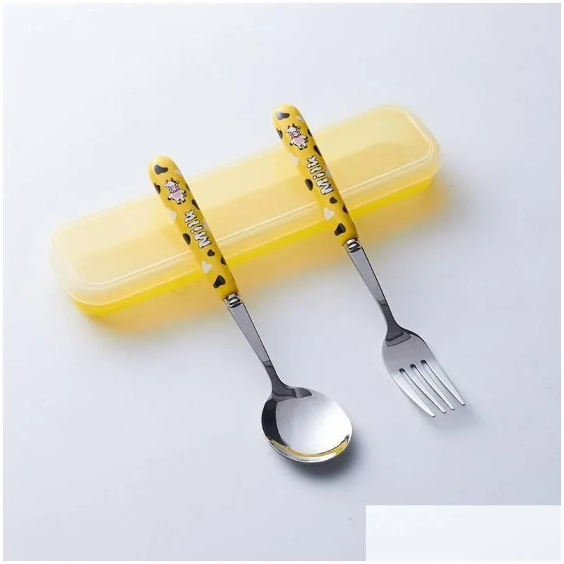 dinnerware sets creative cartoon portable storage tableware set cute cow stainless steel cutlery for children fork spoon chopsticks