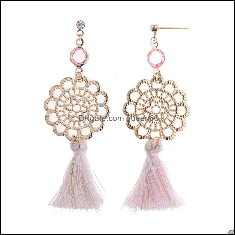 bohemian women pink earrings hollow pattern tassel long earring top alloy fashion ladies earrings