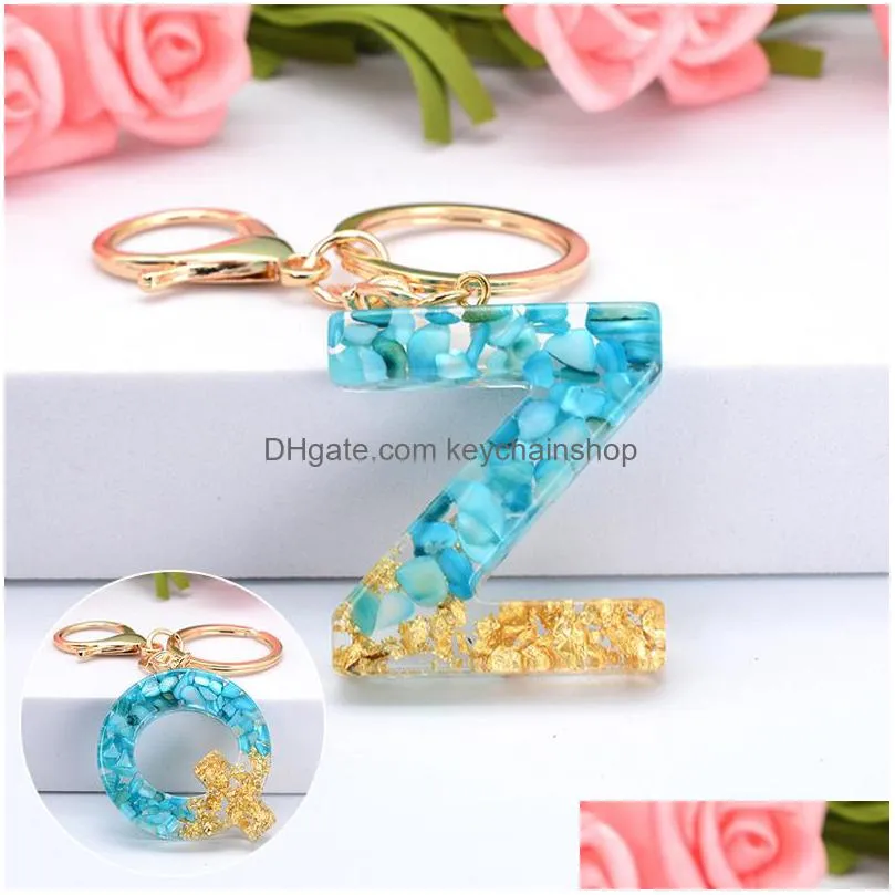 cute gold foil blue gradient color resin letter az keychain for women men handbag car key ring pendant fashion jewelry gifts