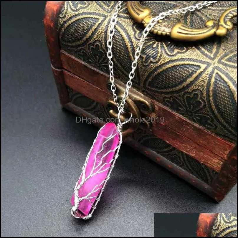 handwound colorful crystal stone necklace crystal column tree of life necklace