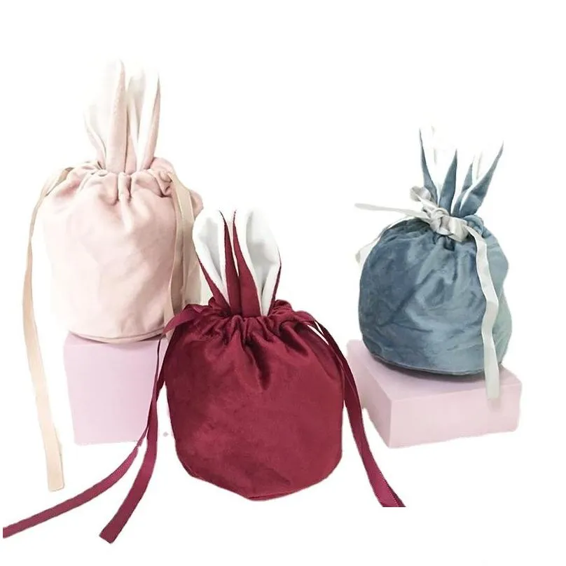 velvet easter bunny bucket favor short ears rabbit basket drawstring candy bag soft plush storage bags a0111