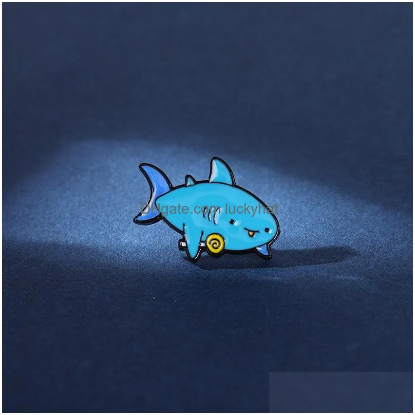 blue shark eating snack cartoon animal enamel pins for girls creative brooches 4pcs /set alloy pin shirt badge jewelry gift bag