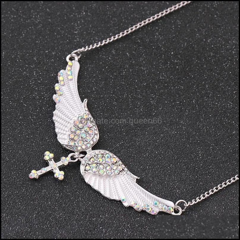 angel wing necklace ladies imitation crystal choker necklace guardian women biker crystal jewelry gifts her girl cross necklace