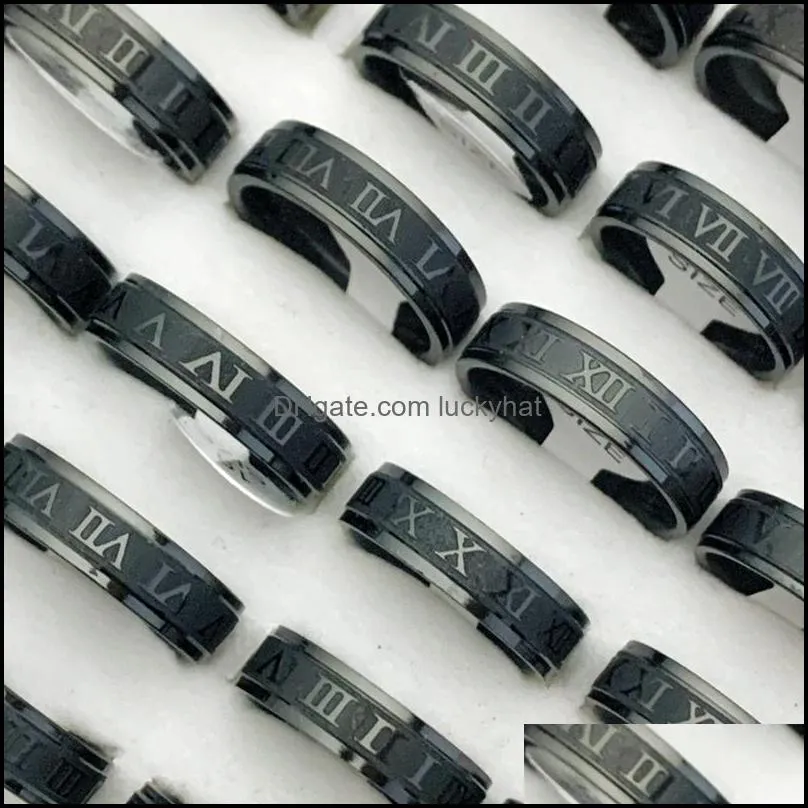 wholesale 36pcs new style black roman numberals band rings mix stainless steel fashion charm men women party gift jewelry