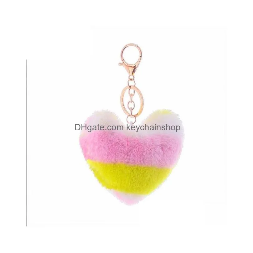 cute heart pompoms keychain rainbow plush balls key chains for women bag accessories keychains car fashion keyring