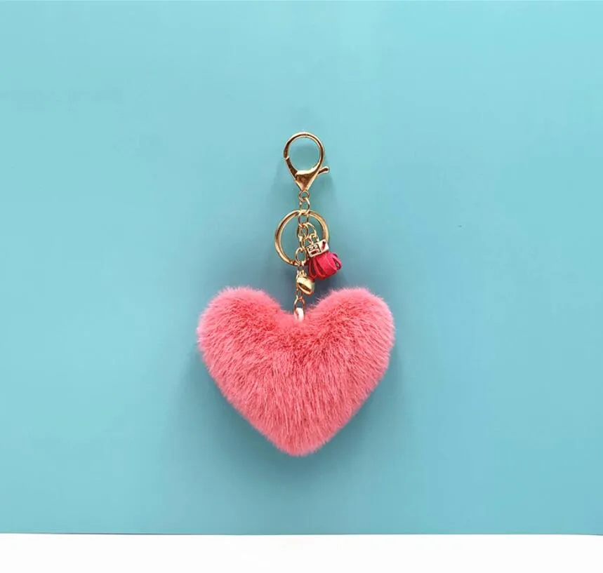 cute heart keychain fake rabbit fur pompom key chain rings women girl bag cars simple fluffy pendant keyring jewelry gifts