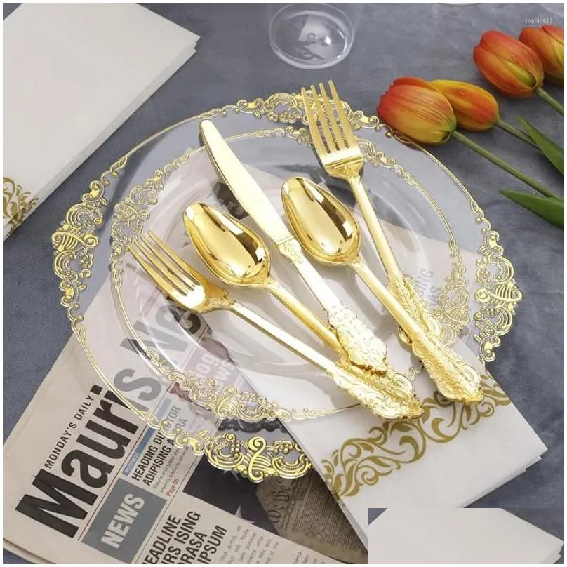 disposable flatware cutlery clear gold plastic tray with silverware glasses birthday wedding party supplies 10 person set