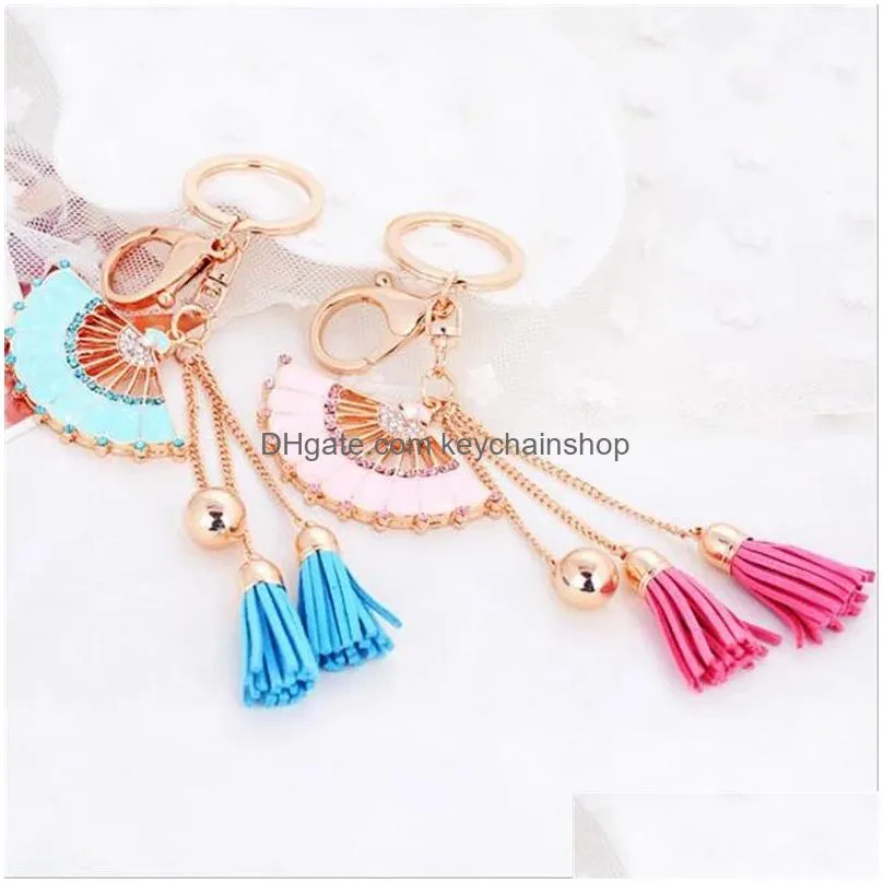 pink blue chinese wind key rings dripping oil crystal fan tassel car keychain rhinestone women keyring wholesale