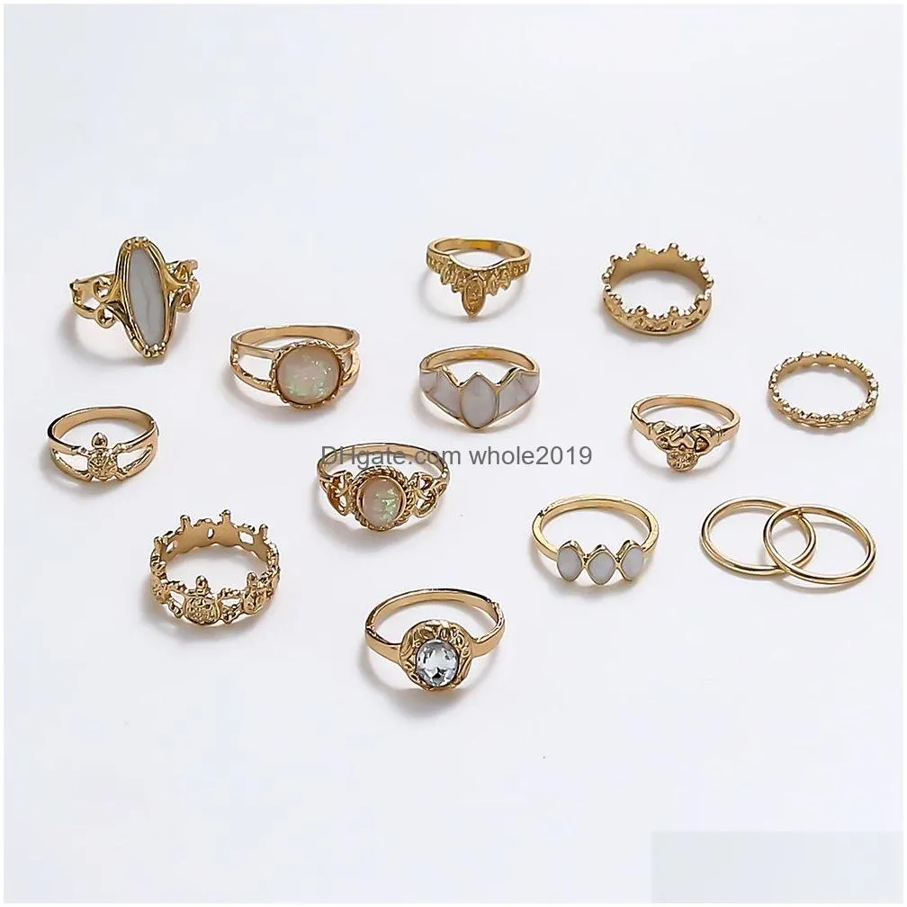 fashion jewelry vintage ring set crown caved flower inlaid diamond rings sets 16pcs/set