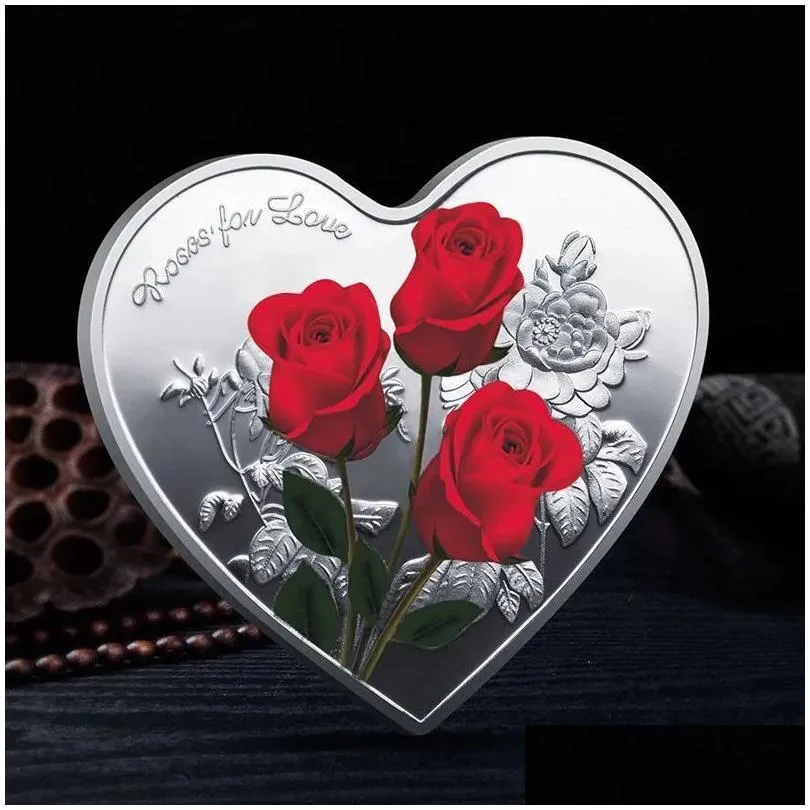 heartshaped rose valentines day gift metal commemorative coins 52 languages i love you medal challenge coin crafts fy2672 bb0111