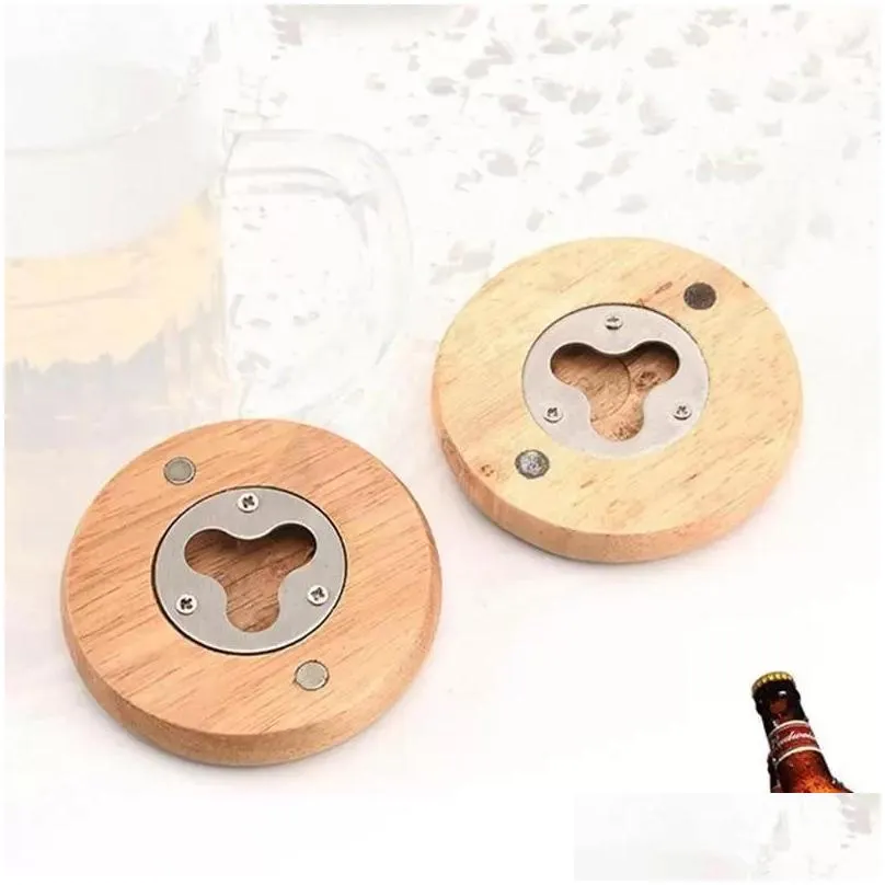 stock new wooden round shape bottle opener coaster fridge magnet decoration beer bottle opener factory wholesale fy3743 f0526q03