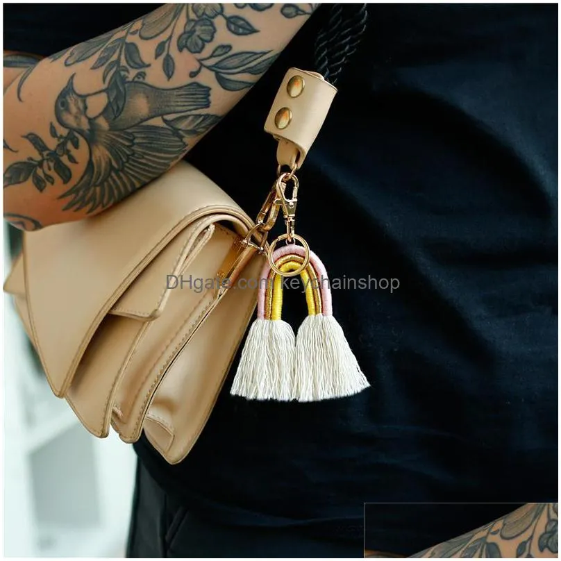 weaving rainbow keychains for women boho handmade key holder keyring macrame bag charm car hanging jewelry gifts