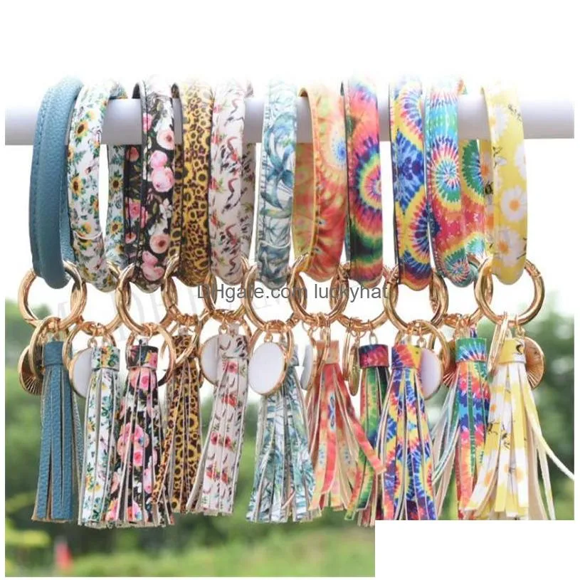 90 styles fashion multiple sun flower/flag pattern key chain leather wrap tassels bracelets keychain wristlet bracelet tassel keychains round bangle