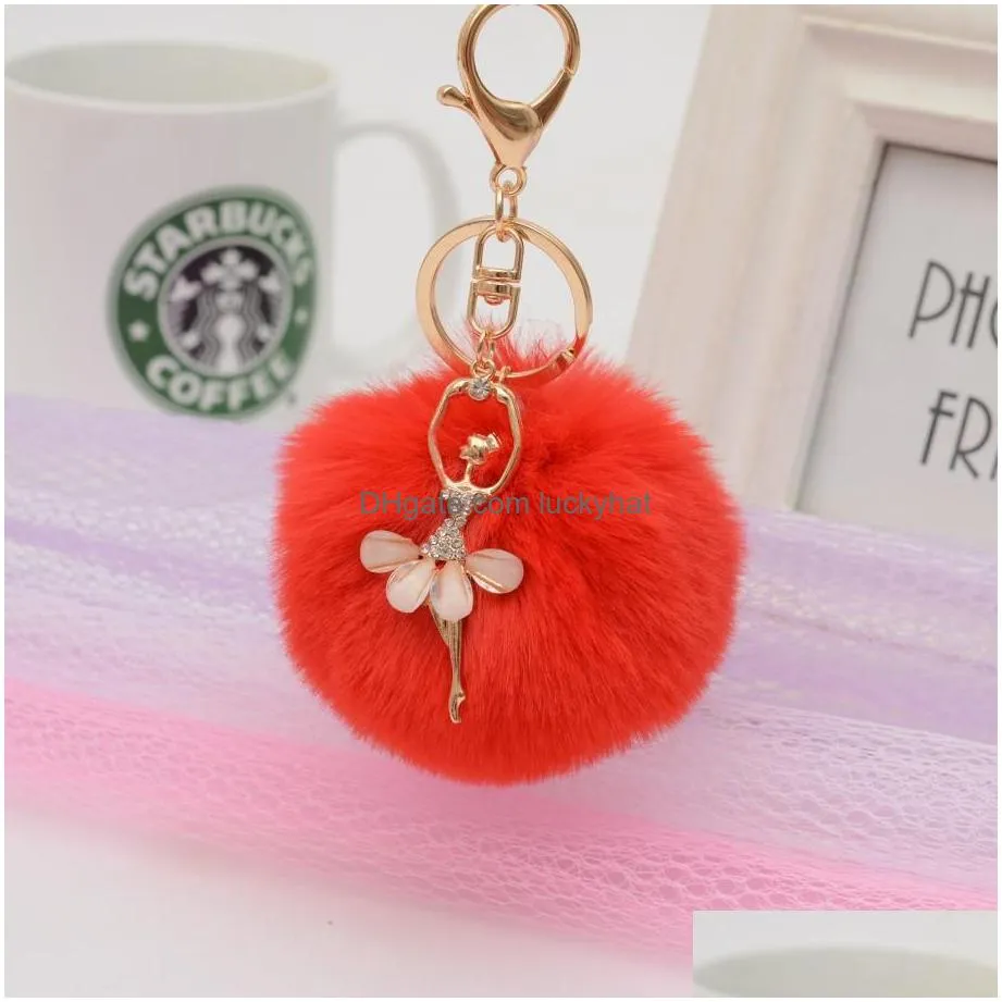 rhinestone ballet girl keychains rabbit hair ball keychains 16 color choose alloy fashion alloy keychains ds12