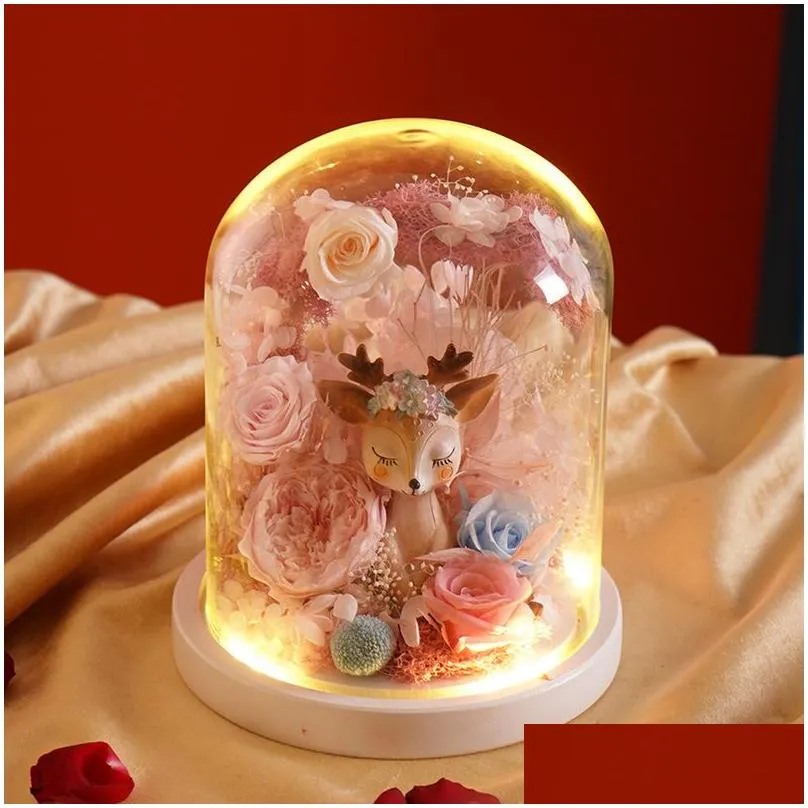 eternal flowers glass cover gift box finished send girlfriend birthday roses decorative ornaments christmas gift