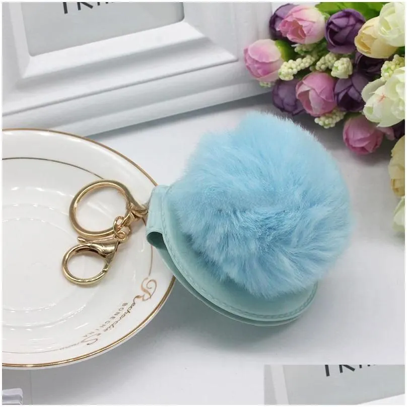 pu round cosmetic key ring fashion folding mirror keychain faux fur puff ball keyfobs holder fluffy pompom keyring gifts