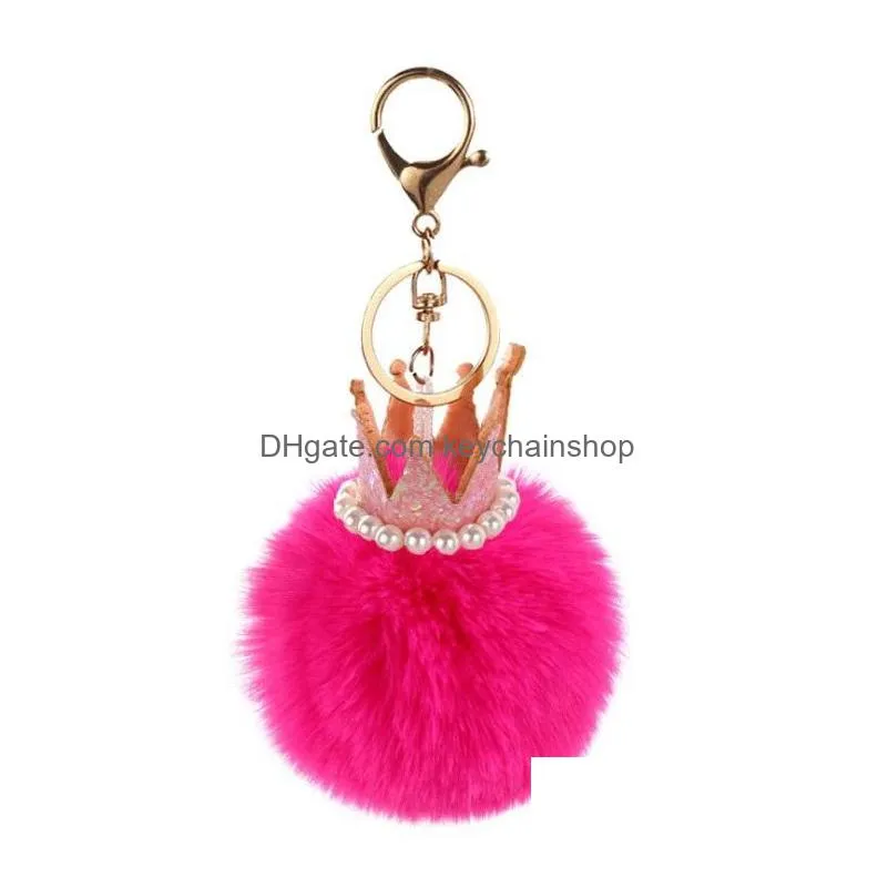 8cm fluffy rabbit fur ball pendant pearl crown key chain fur pompons key ring metal keychains car handbag gift accessories