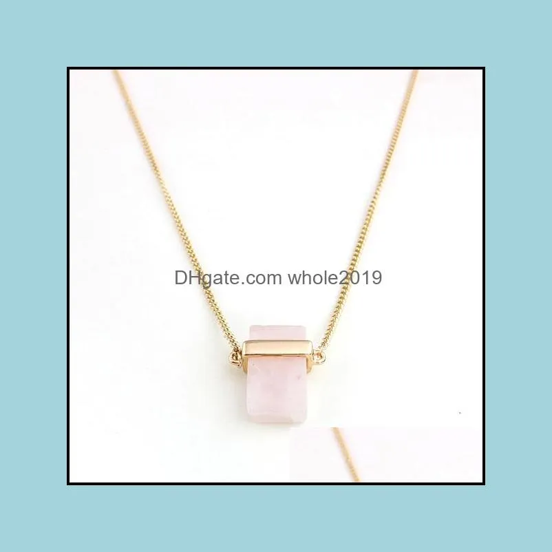 rectangle rose pink quartz necklace crystal stone polishing metal druzy exquisite handmade pendant necklaces