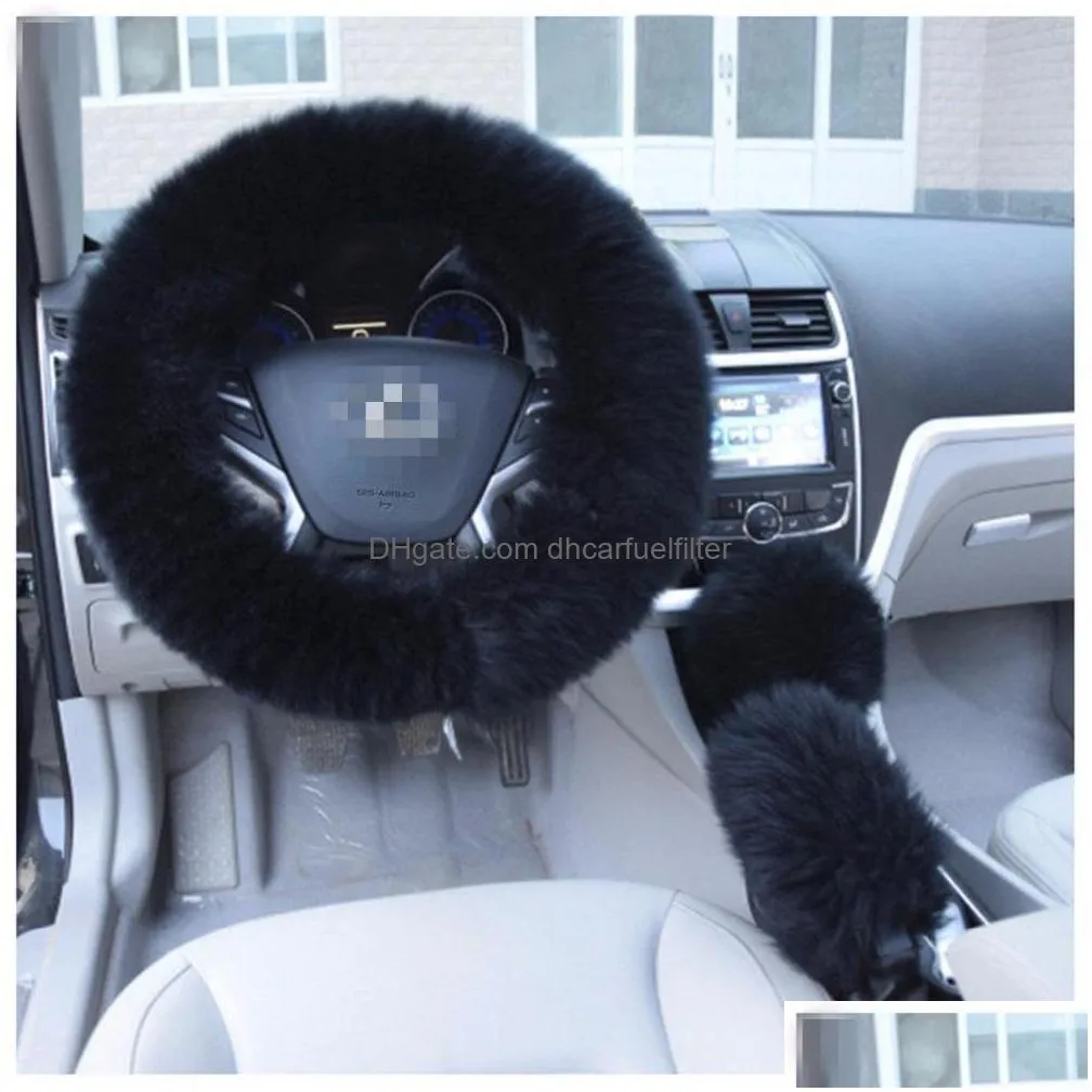 3pcs/set winter wool car steering wheel cover long australian wool heated fur steering wheel cover handbrake gear shifter cover