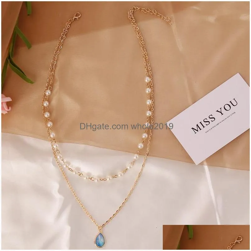 fashion jewelry double layer chain necklace faux pearl beads charm pendant necklace