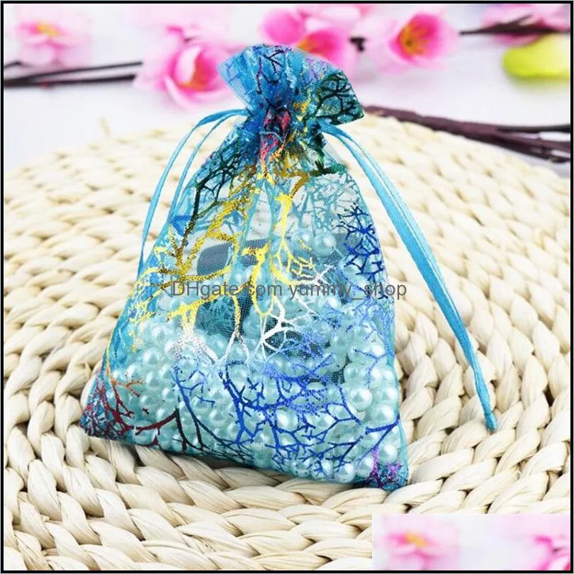 coralline organza drawstring jewelry packaging pouches party candy wedding favor gift bags design sheer with gilding pattern 10 x15cm 379