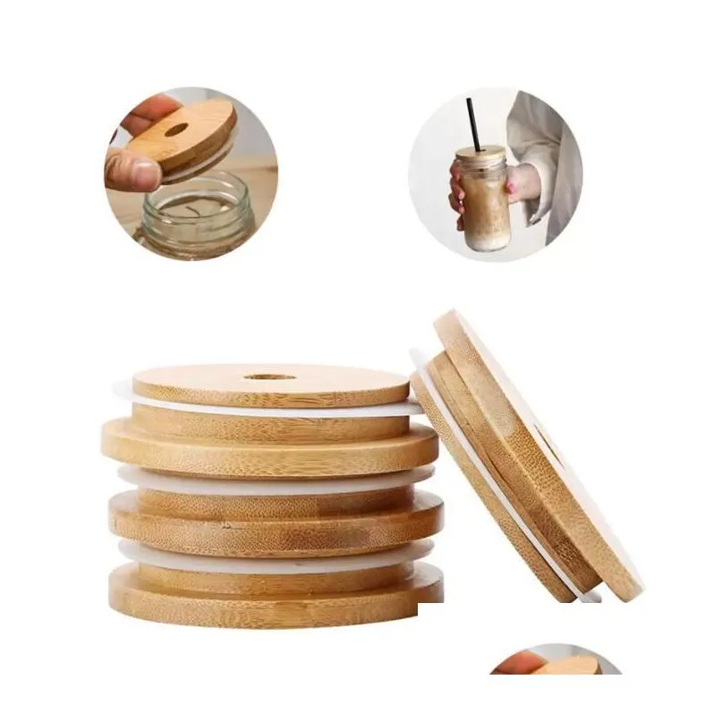 us warehouse bamboo cap lids 70mm 88mm reusable wooden mason jar lid with straw hole and silicone seal dhs delivery fy5015 0426