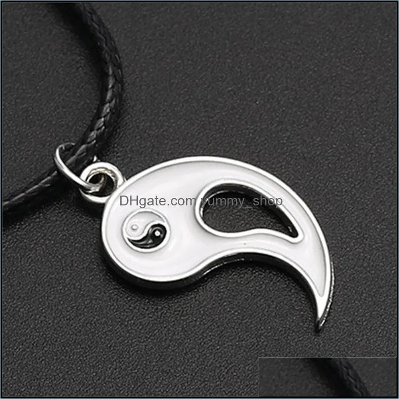 unique design splice gossip tai chi yin yang necklaces for women leather rope pendant black white friendship couple valentine gift 473
