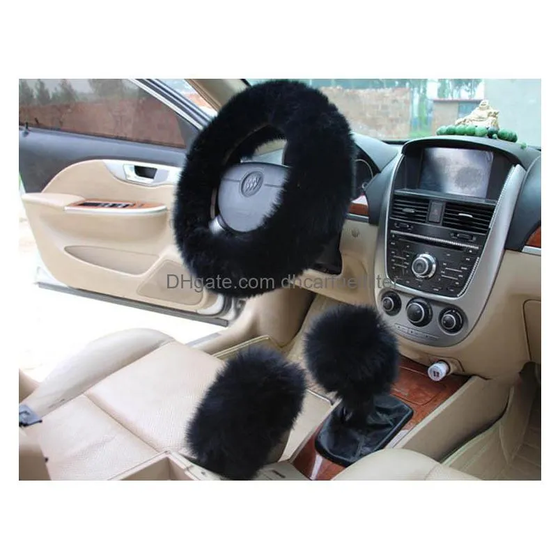 3pcs/set winter wool car steering wheel cover long australian wool heated fur steering wheel cover handbrake gear shifter cover