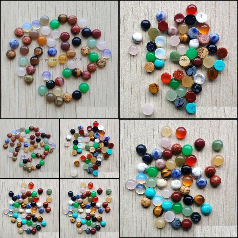 6mm assorted natural stone flat base round cabochon green pink cystal loose beads for necklace earrings jewelry clothes accessories making