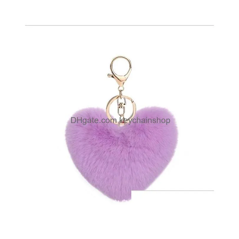 wholesale handcraft fur pompom keychain soft lovely heart shape pompon faux rabbit fur pom poms ball car handbag key ring gift