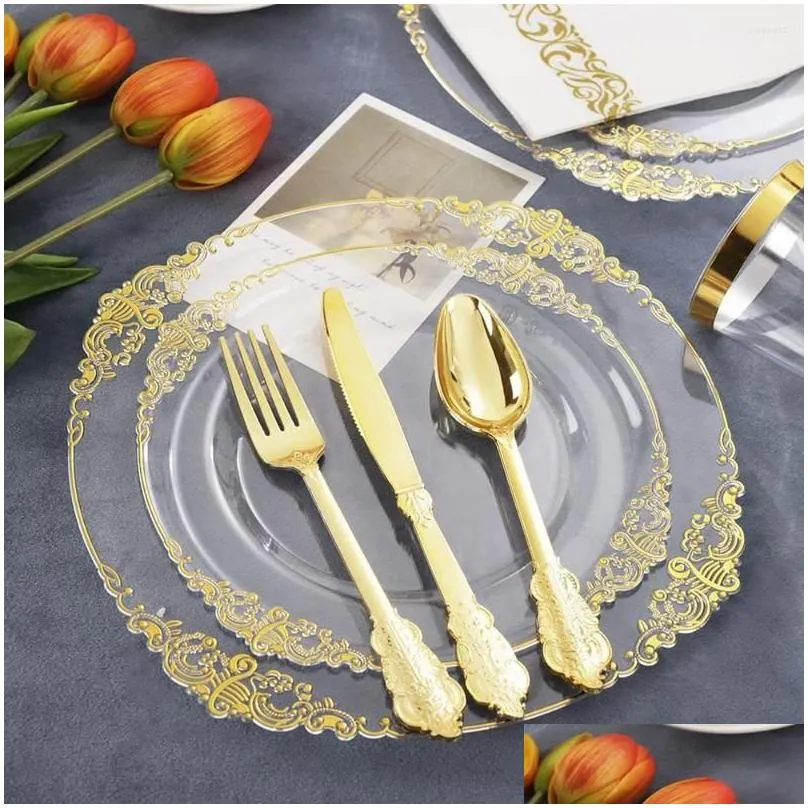 disposable flatware cutlery clear gold plastic tray with silverware glasses birthday wedding party supplies 10 person set