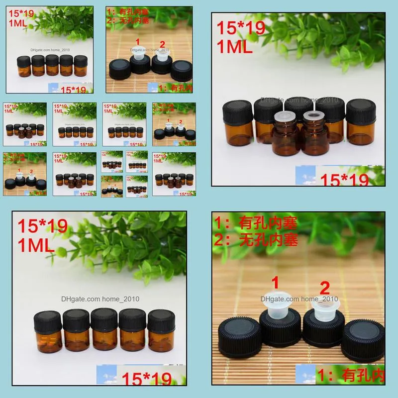 5400pcs/lot 1ml 1/4 dram amber glass  oil bottles perfume sample tubes mini brown bottles with plug and black caps dhs