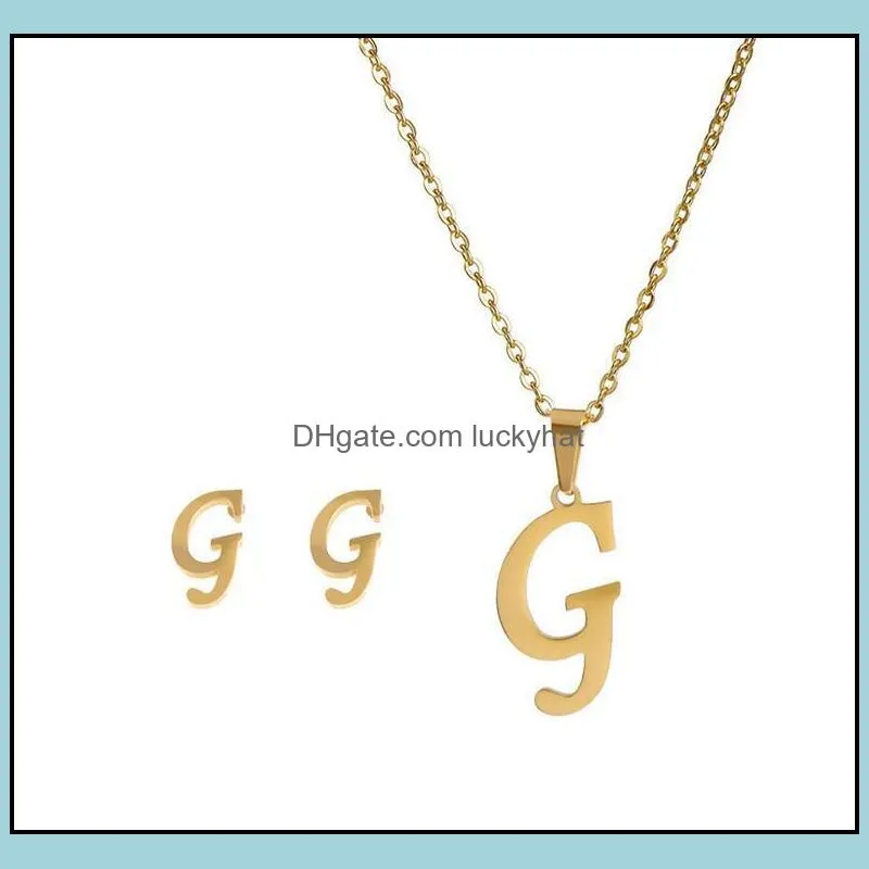 az 26 letter necklaces and earring set with gift card stainless steel gold choker initial pendant necklace women alphabet chains