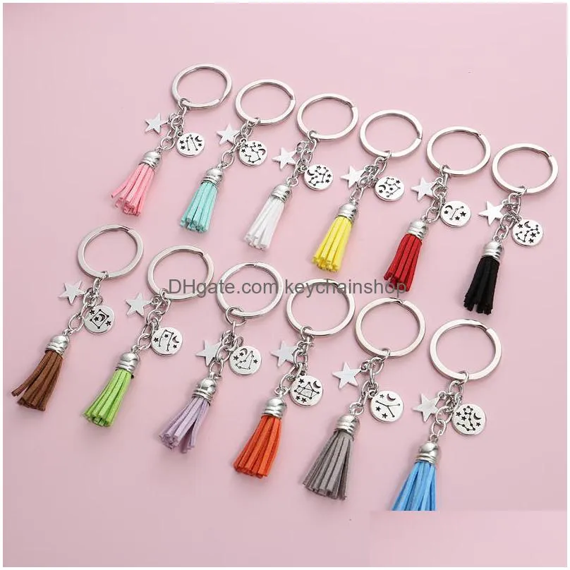 keychain twelve constellations key ring star moon and tassel key chains friendship couple gifts diy jewelry handmade