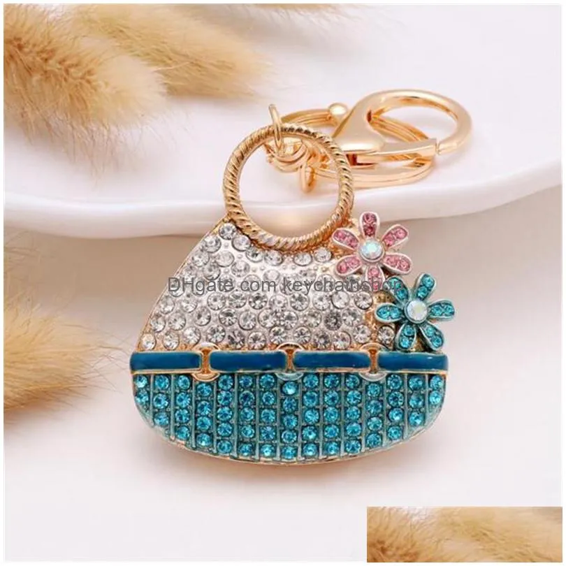 pink blue crystal flower bag shaped keychain rhinestone women handbag keyring pendant key chain jewelry