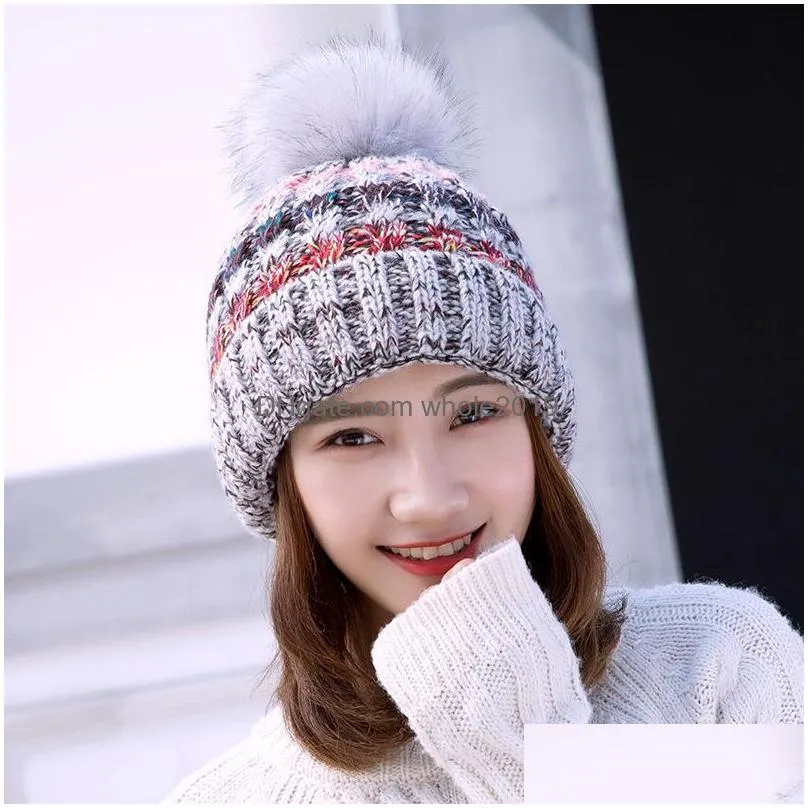 autumn winter womens knit hat wool ball fleece beanies cap lady knitted hat warm cap crochet hats