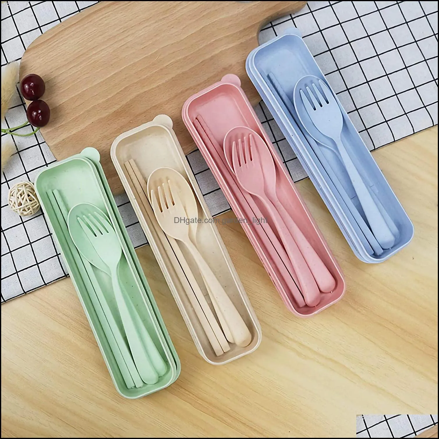 4 sets portable cutlery wheat straw cutlery spoon chopsticks fork tableware set for kids adult travel picnic camping health flatware kitchen europe