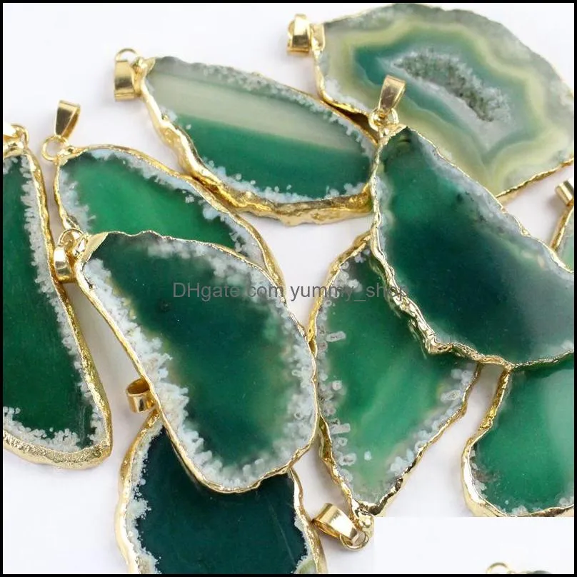 gold plating natural agate stone slices charms green purple agate slice wind bell tablet sweater chain pendant home ornaments