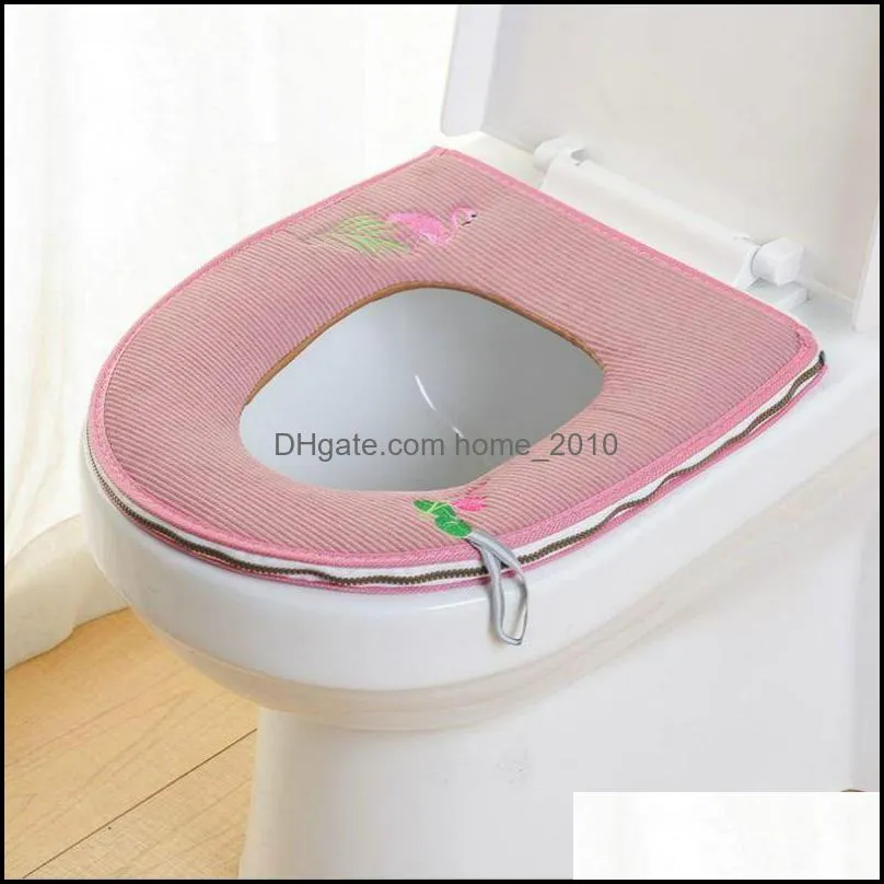 bird embroidery household winter plush soft toilet seat pad covers toilets cover zipper with handle keep warm bathroom accessories