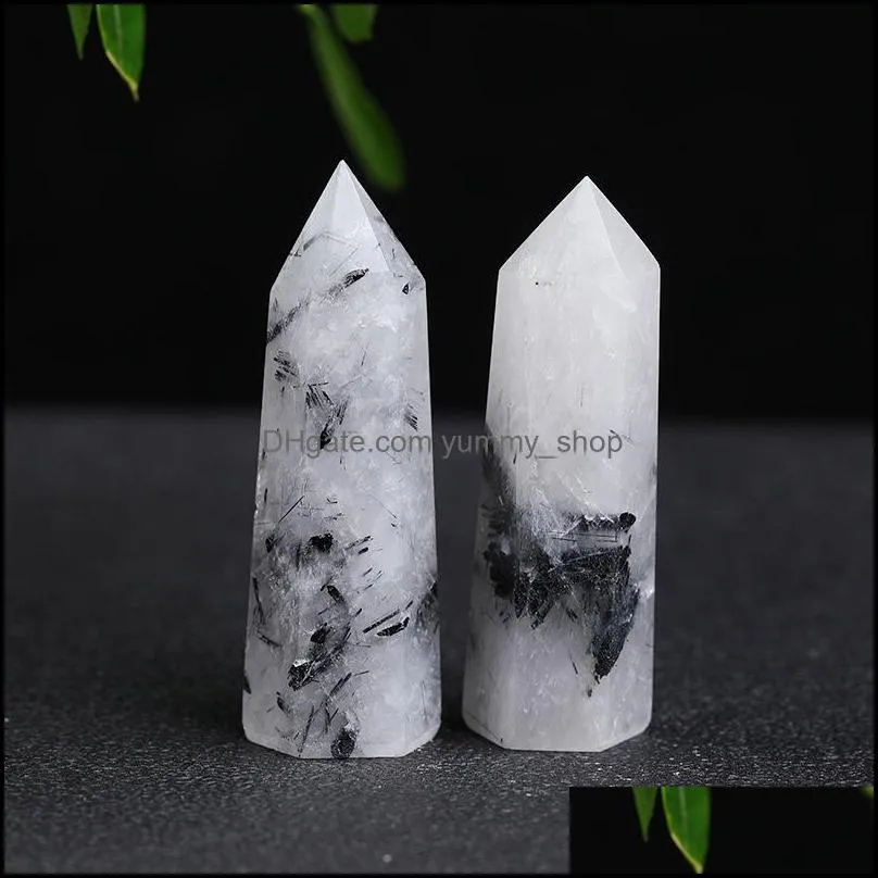 natural black hair crystal arts pillar quartz point obelisk wand healing crystals ink painting home decoration ornaments