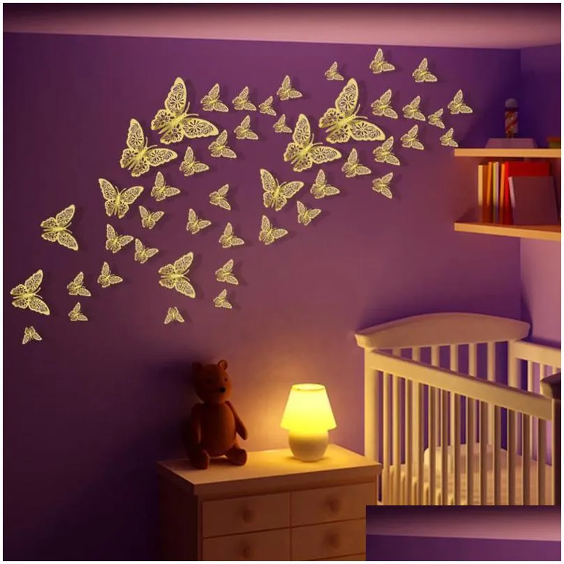 12pcs/lot 3d hollow butterfly wall sticker decoration butterflies decals diy home removable mural decoration party wedding kids room window decors