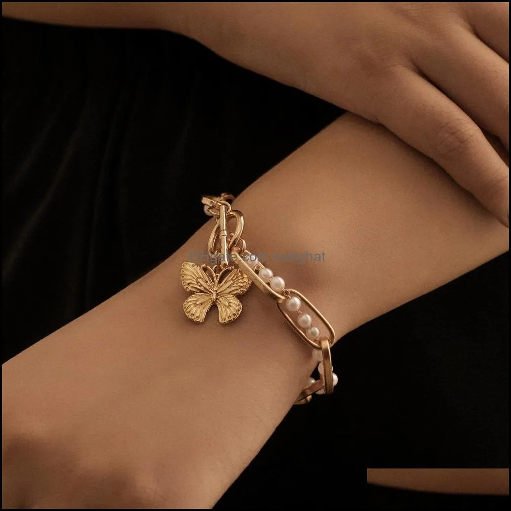 fashion simple pearl metal chain double winding bracelet charm temperament butterfly tag ot buckle hand jewelry