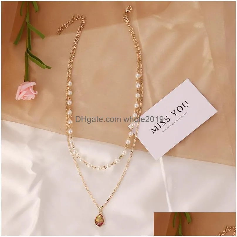 fashion jewelry double layer chain necklace faux pearl beads charm pendant necklace