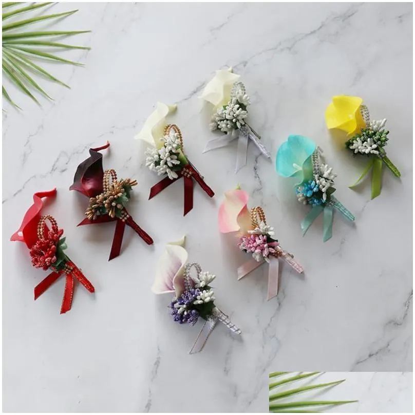 decorative flowers wreaths calla lily brooch wedding party decor bridal bridesmaid trellises groom boutonniere women men pin suit