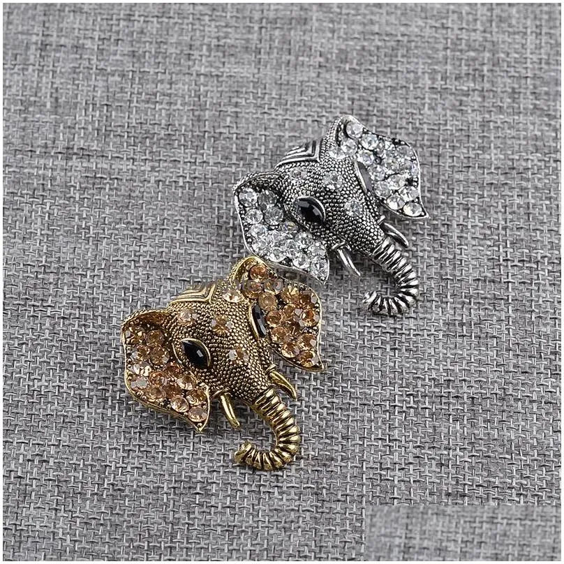high quality retro elephant brooches zinc alloy crystal rhinestone brooches for men jewelry fashion lapel pin anti gold silver animal