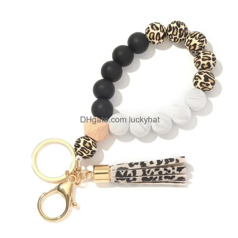 9 colors wooden tassel bead string bracelet keychain food grade silicone beads bracelets women girl keyring wrist strap