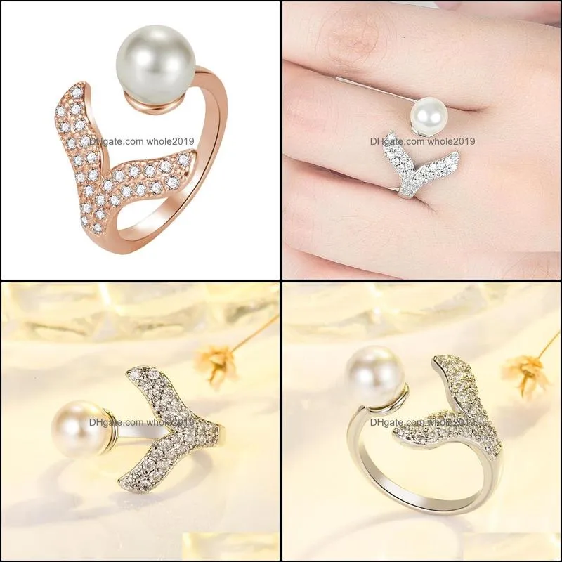 sweet and delicate fish tail inlaid pearl ring hand inlaid imitation pearl shell mermaid ring