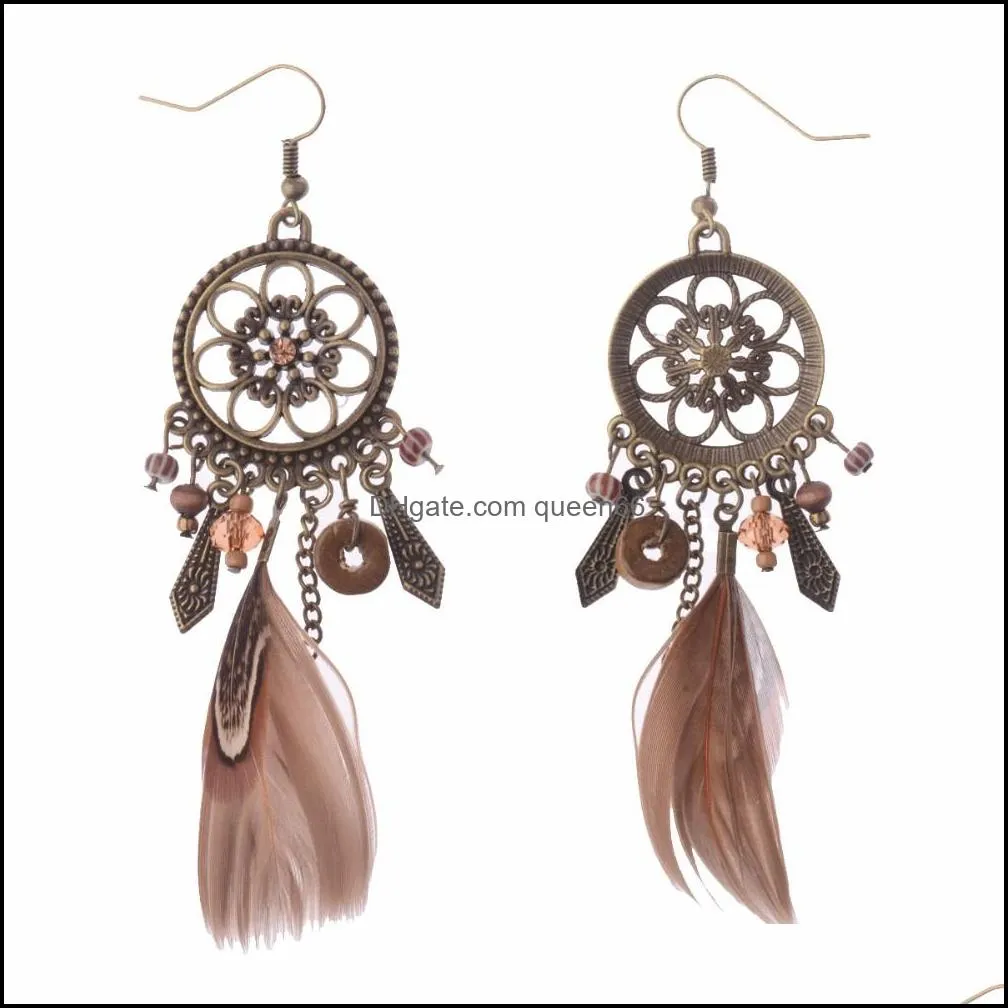 retro dreamcatcher shaped feather pendant round earrings for women ethnic style feather earrings orecchini etnici