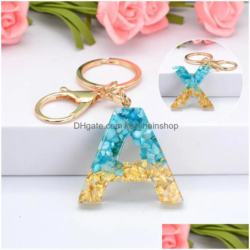 cute gold foil blue gradient color resin letter az keychain for women men handbag car key ring pendant fashion jewelry gifts